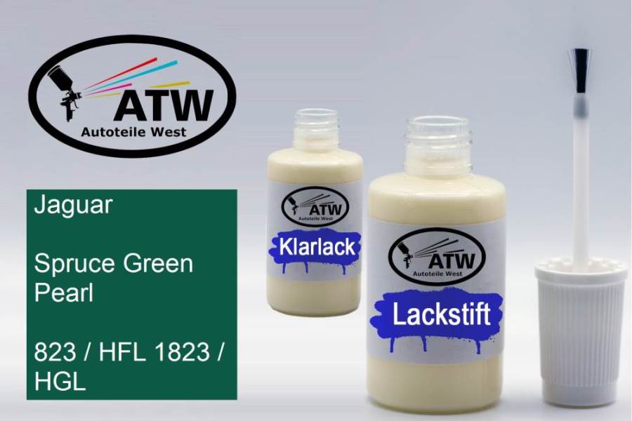 Jaguar, Spruce Green Pearl, 823 / HFL 1823 / HGL: 20ml Lackstift + 20ml Klarlack - Set, von ATW Autoteile West.